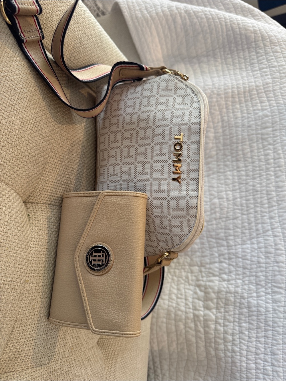 Tommy Hilfiger Beige Signature Monogram Crossbody with Adjustable Strap
